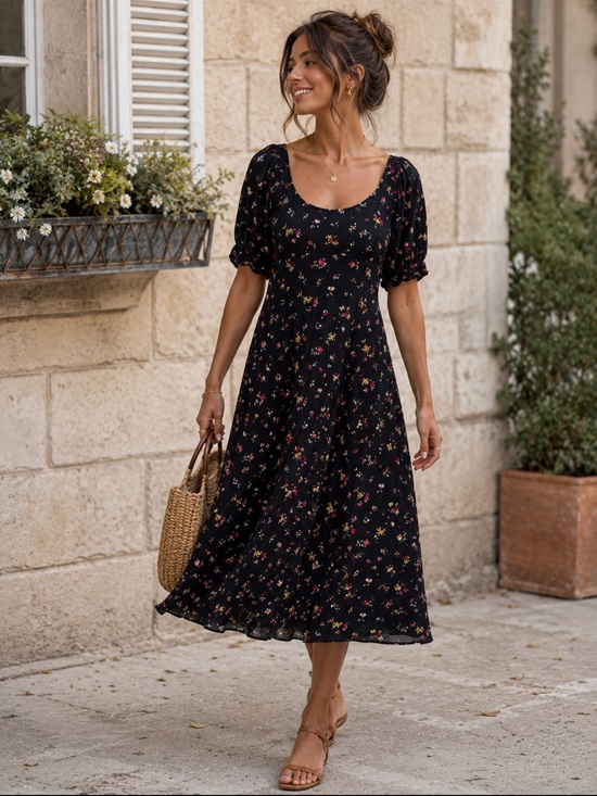 Old Navy Dresses & Skirts - Old Navy Black Floral Puff Sleeve Smocked Midi Dress XL